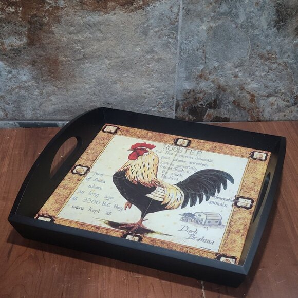 Ceramic Trivet Tile Chicken Rooster Serving Tray Cut Out Handles Wood Base Farmh - Picture 11 of 12